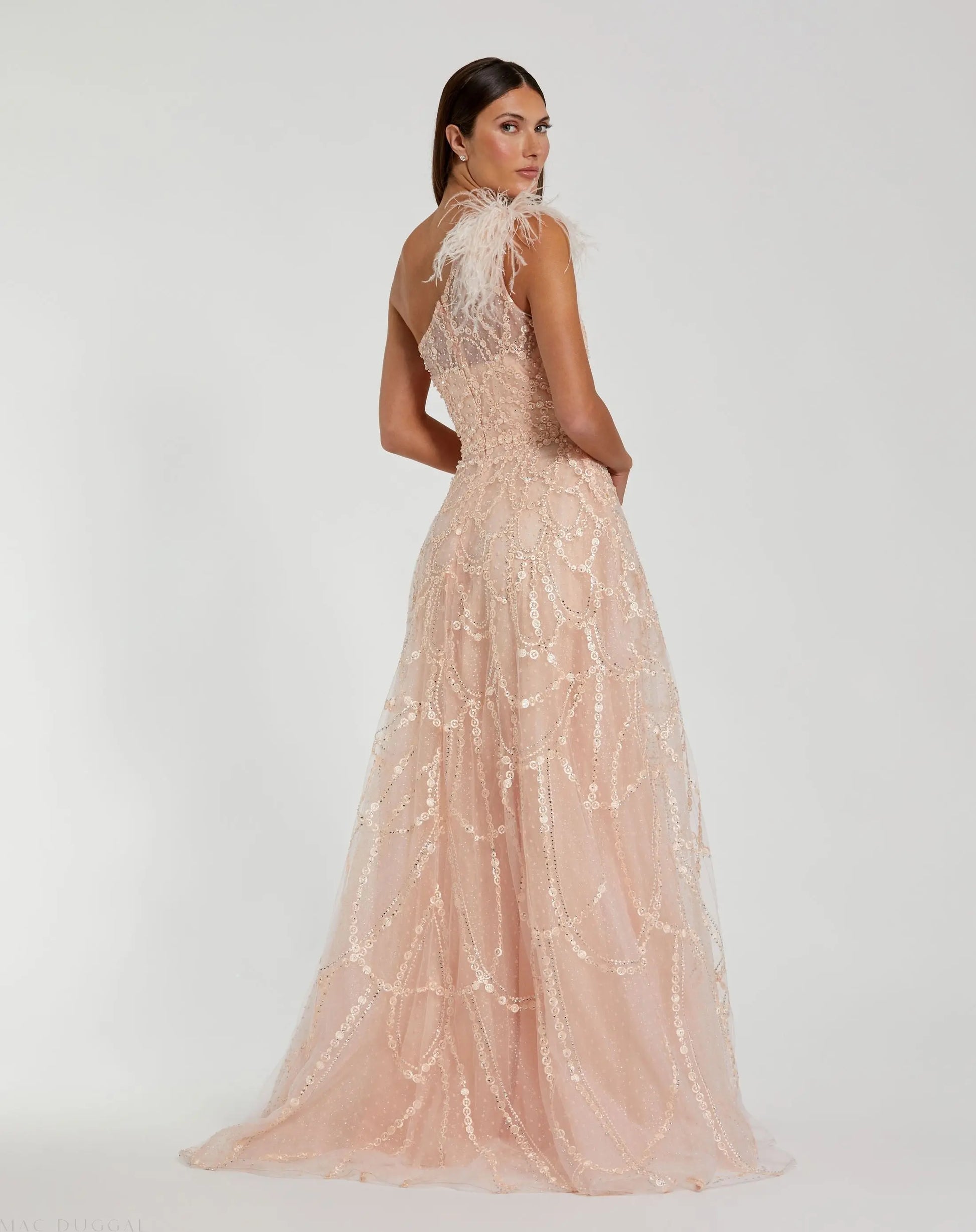 Mac Duggal Embellished One Shoulder A Line Prom Gown In Peach, Size 8