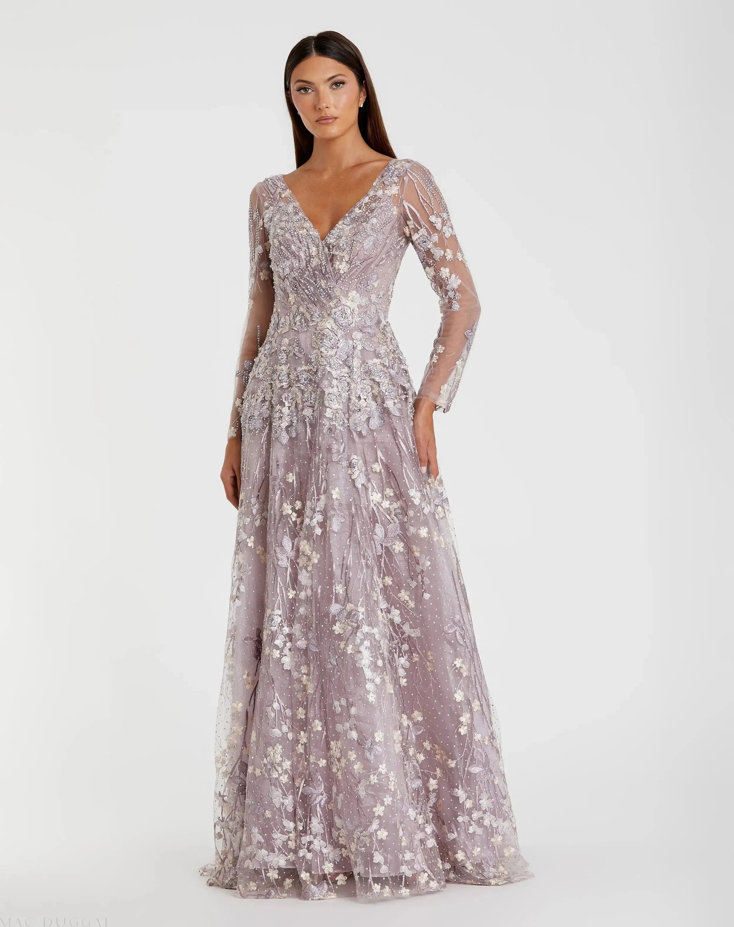 Purple Embroidered Lace Long Sleeve Floral Gown - Mac Duggal