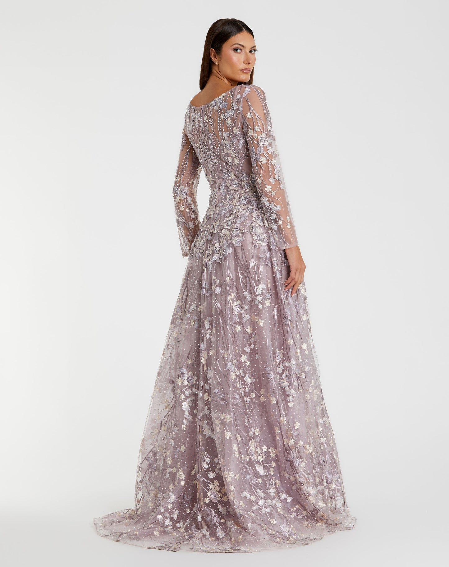 Embroidered Lace Wrap Over Illusion Long Sleeve A Line Gown