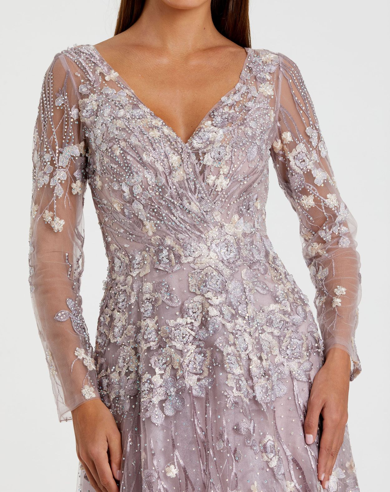 Embroidered Lace Wrap Over Illusion Long Sleeve A Line Gown