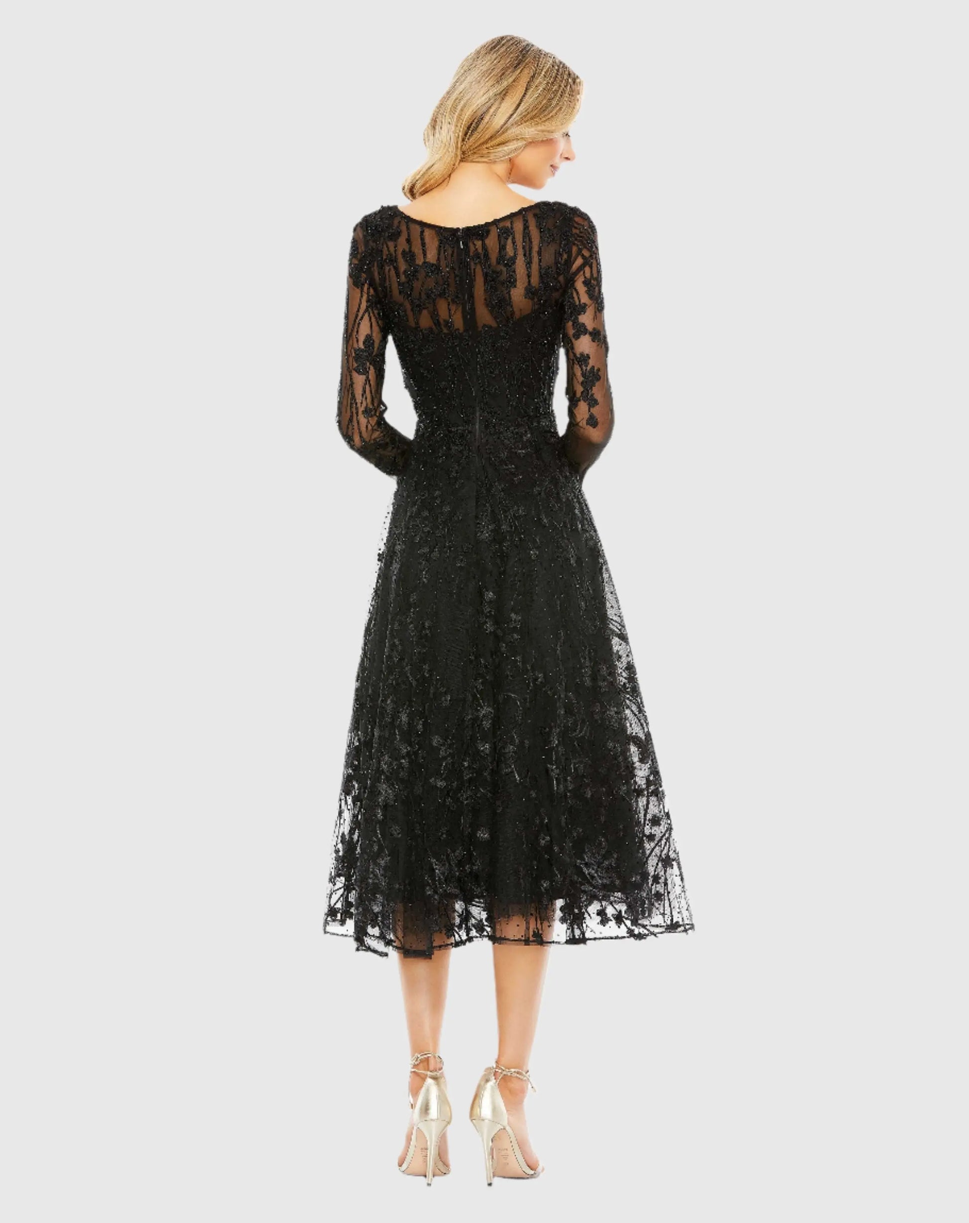 mac duggal black embellished floral long sleeve dress Jersey Column Gown fitting sheath silhouette that elongates the body Floral Long Sleeve Column Dress