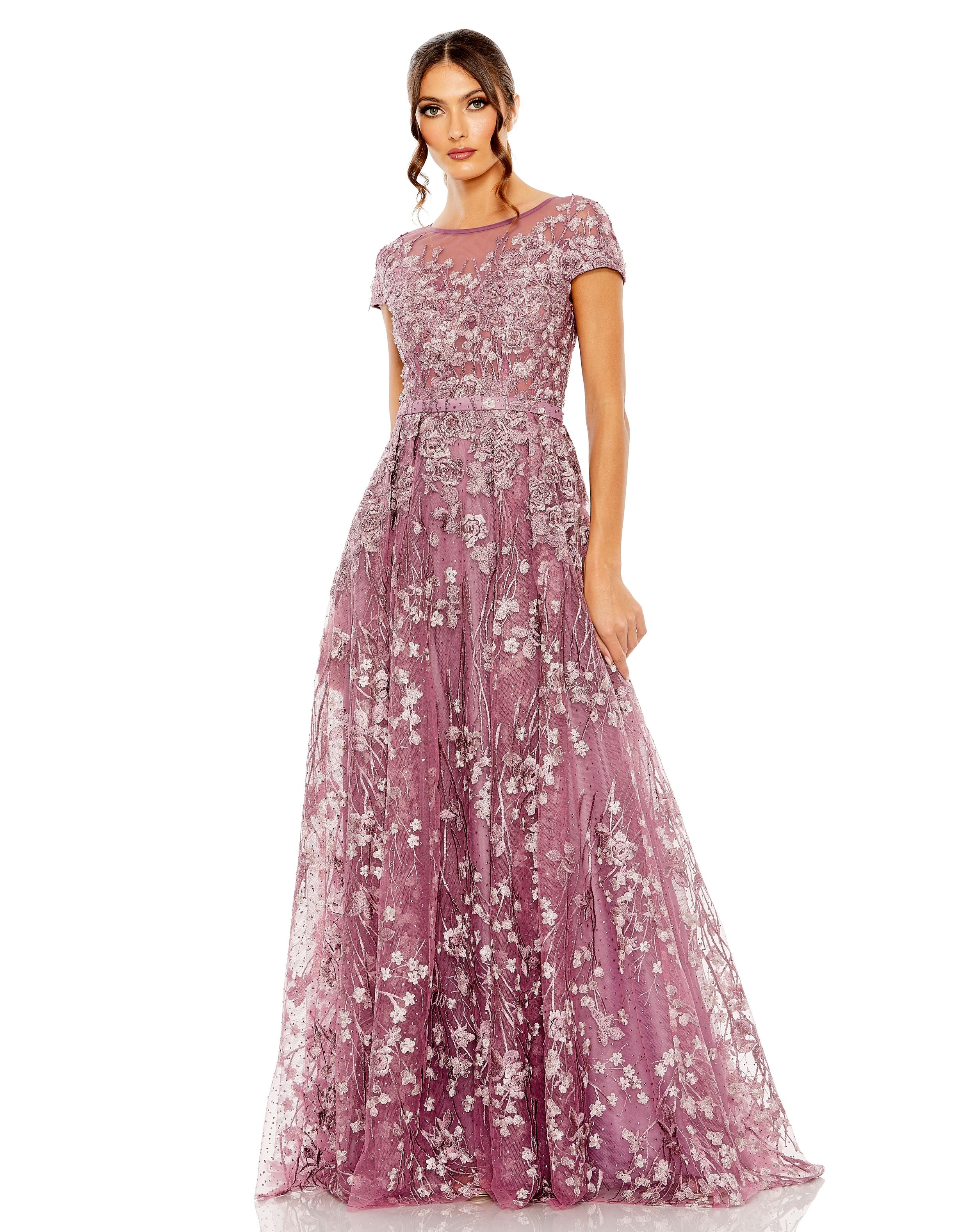 Embellished Floral Cap Sleeeve A Line Gown
