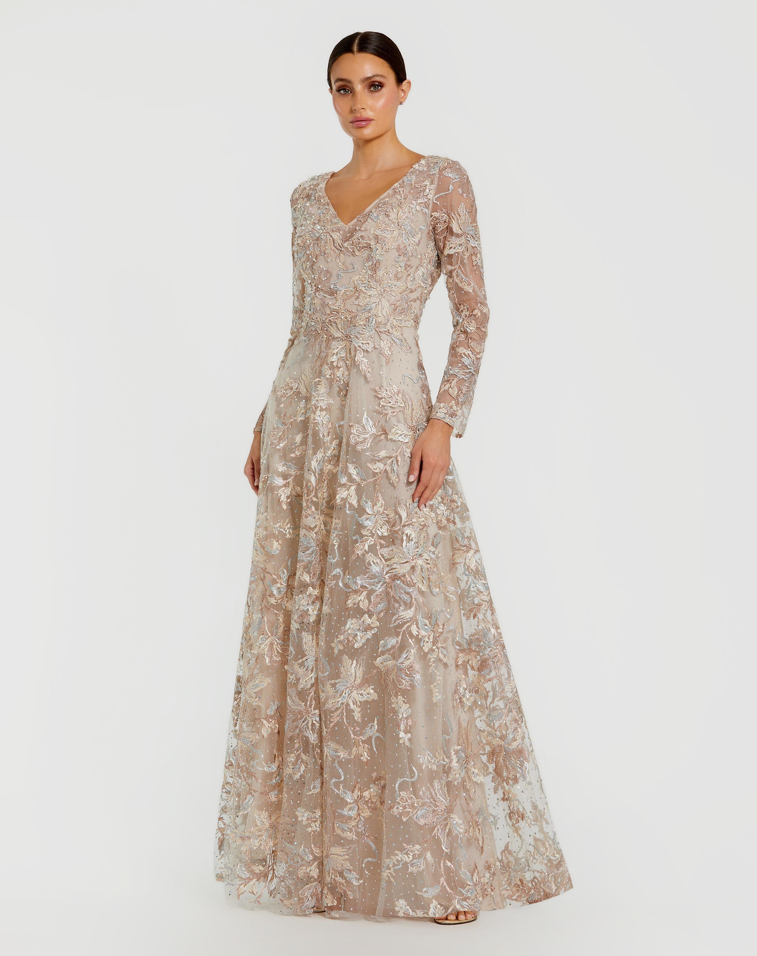 Beige Embroidered Illusion Long Sleeve V Neck Gown Mac Duggal