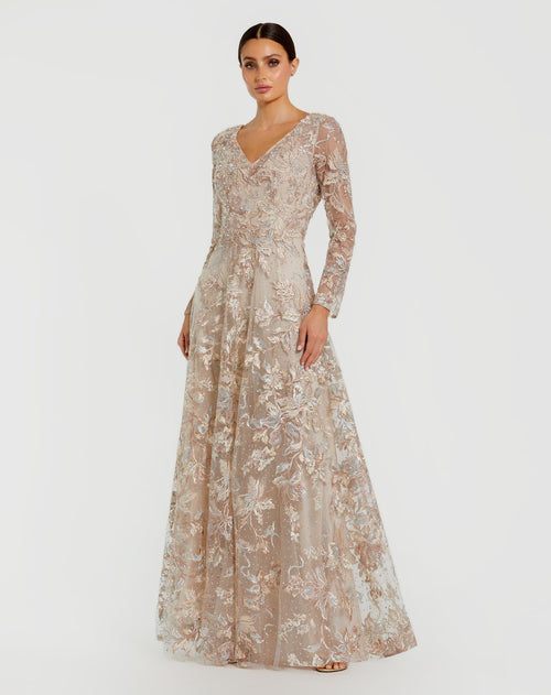 Beige Embroidered Illusion Long Sleeve V Neck Gown Mac Duggal