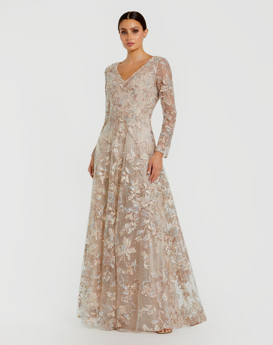 Beige Embroidered Illusion Long Sleeve V Neck Gown Mac Duggal