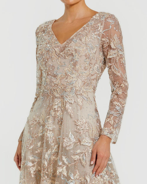 Beige Embroidered Illusion Long Sleeve V Neck Gown Mac Duggal