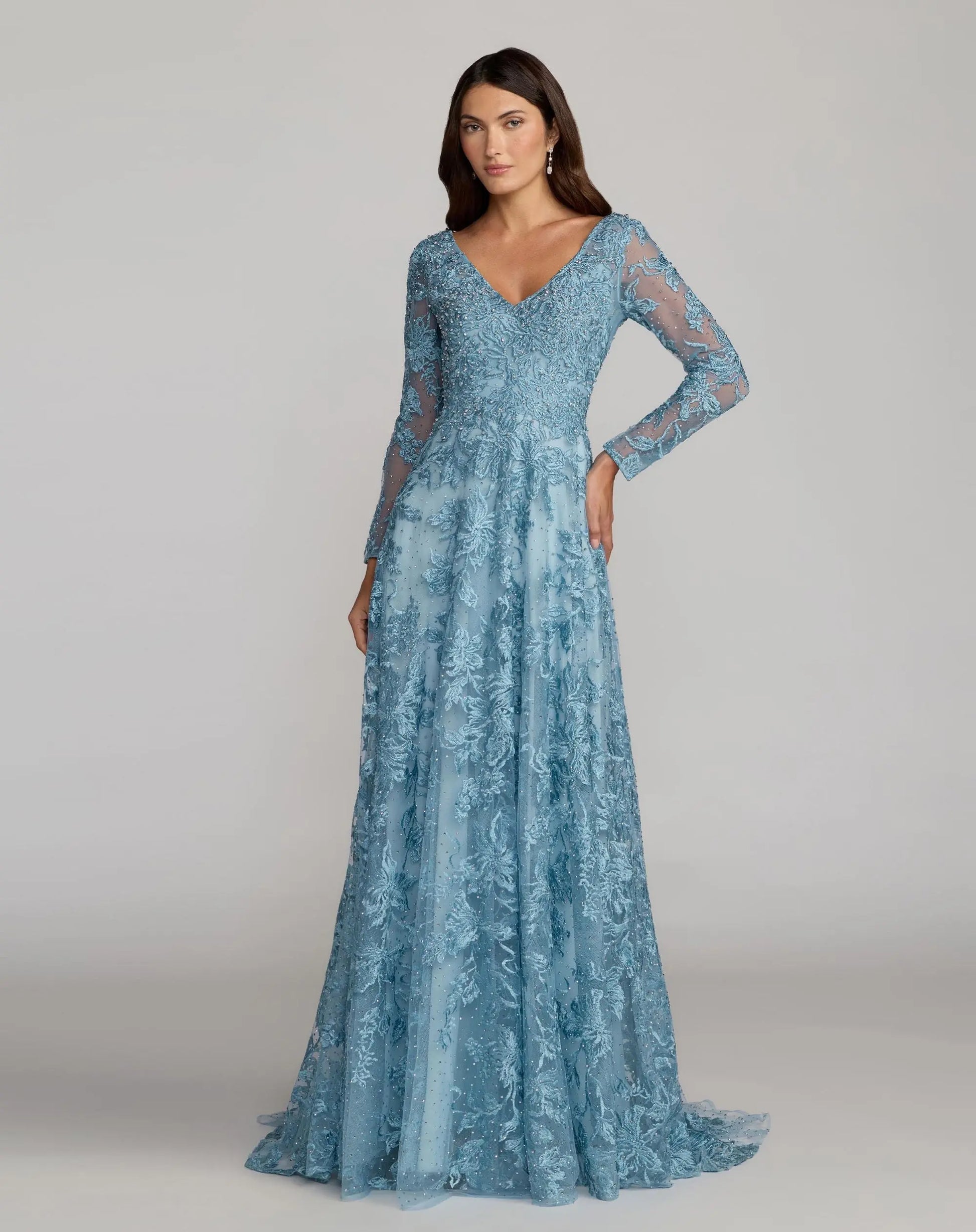 Blue Embroidered Long Sleeve A-Line Gown - Mac Duggal