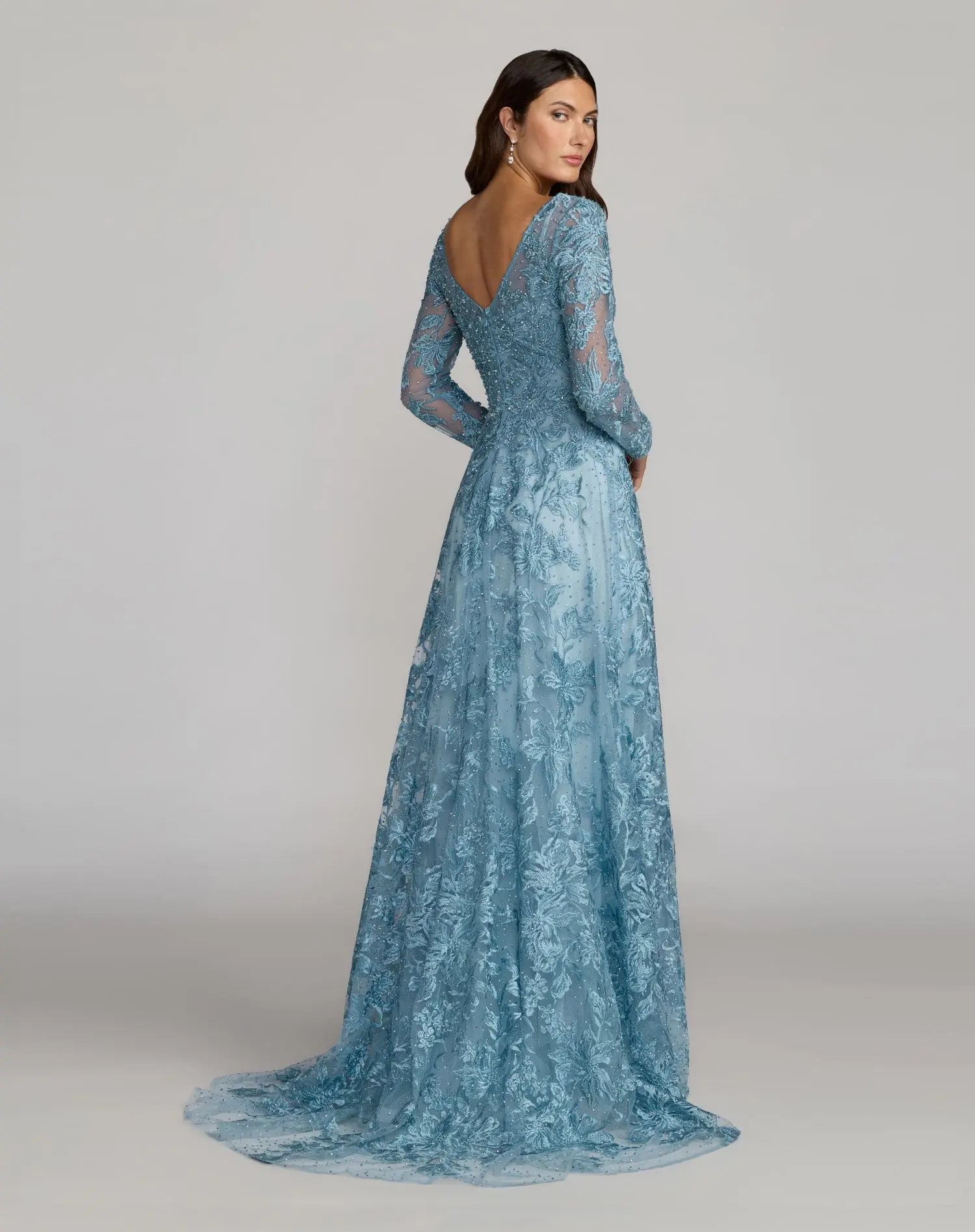 Blue Embroidered Long Sleeve A-Line Gown