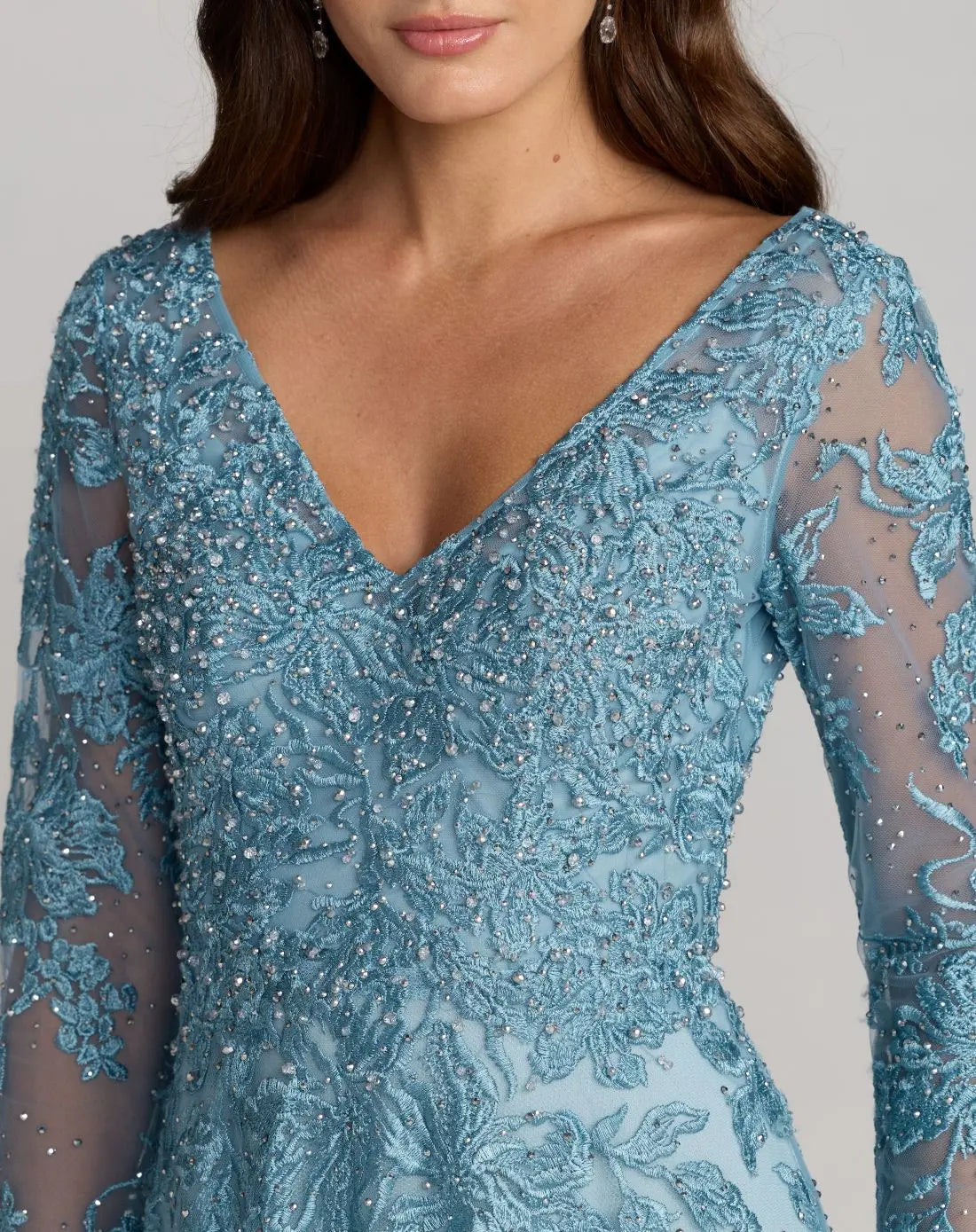Blue Embroidered Long Sleeve A-Line Gown