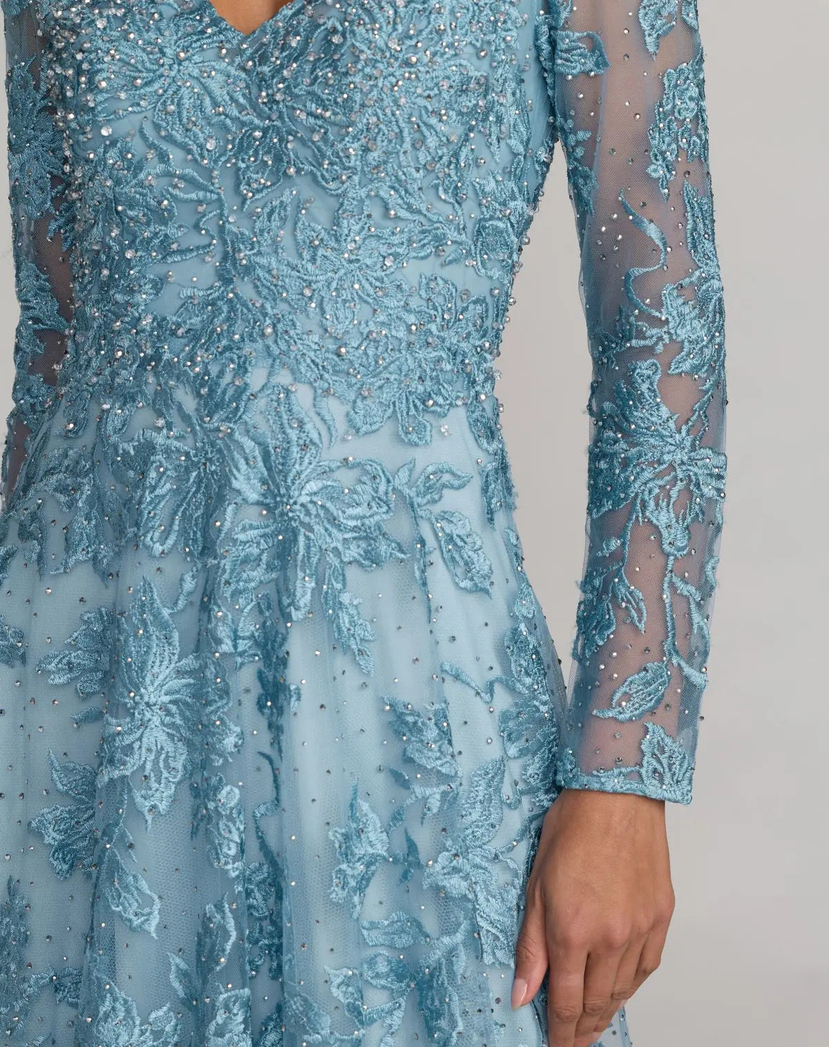 Blue Embroidered Long Sleeve A-Line Gown - Mac Duggal