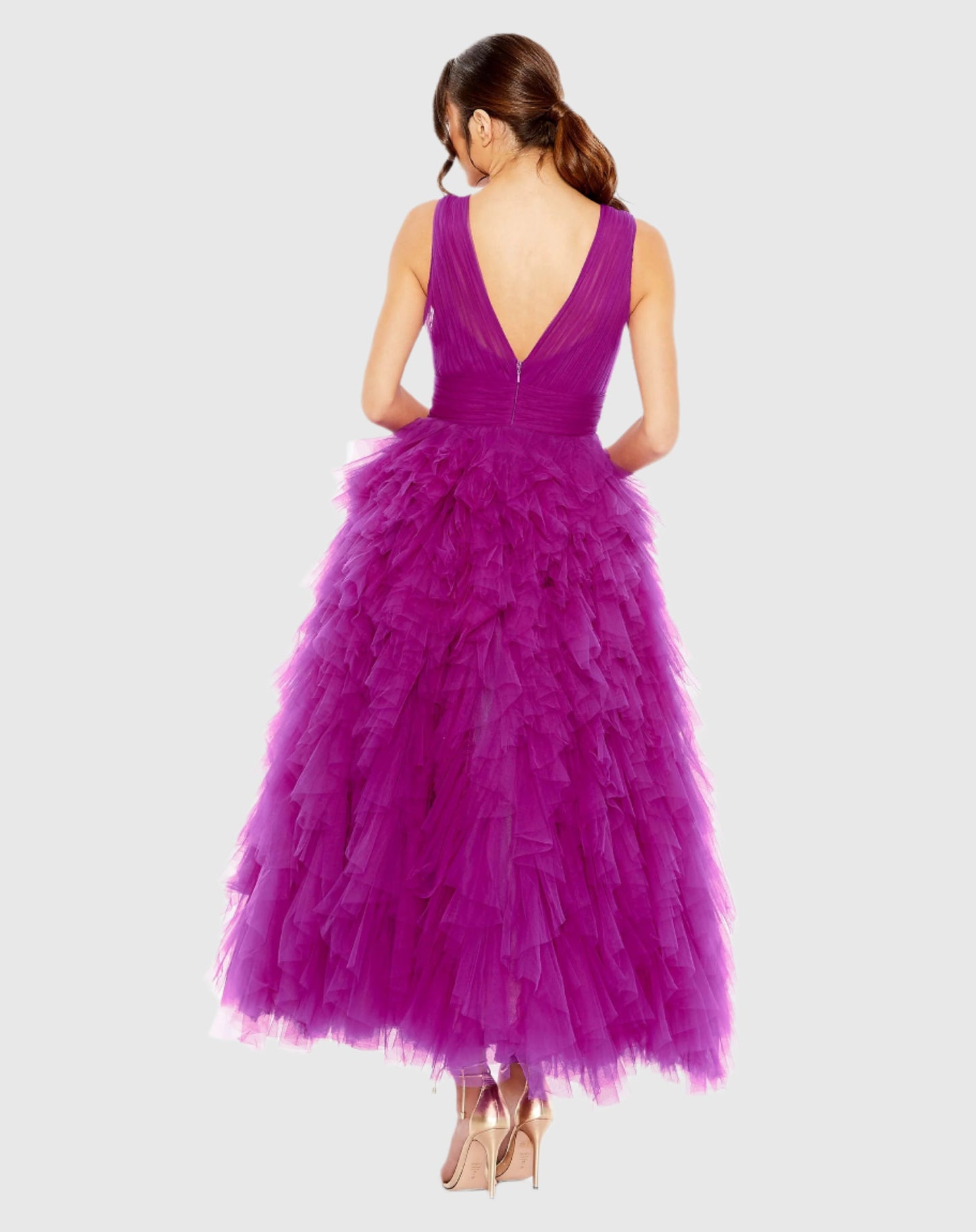 Ruffled Cap Sleeve V-Neck A Line Tulle Dress