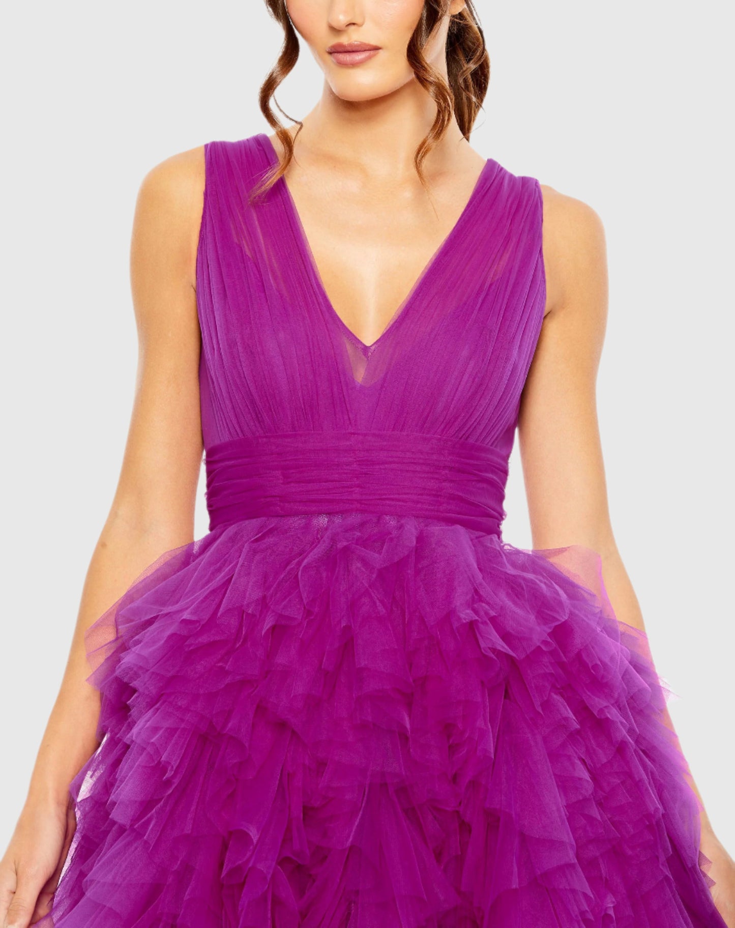 Ruffled Cap Sleeve V-Neck A Line Tulle Dress