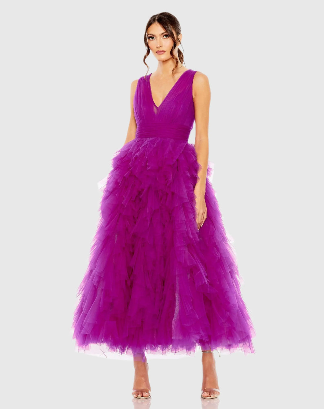 Purple Ruffled Cap Sleeve V-Neck A Line Tulle Dress - Mac Duggal