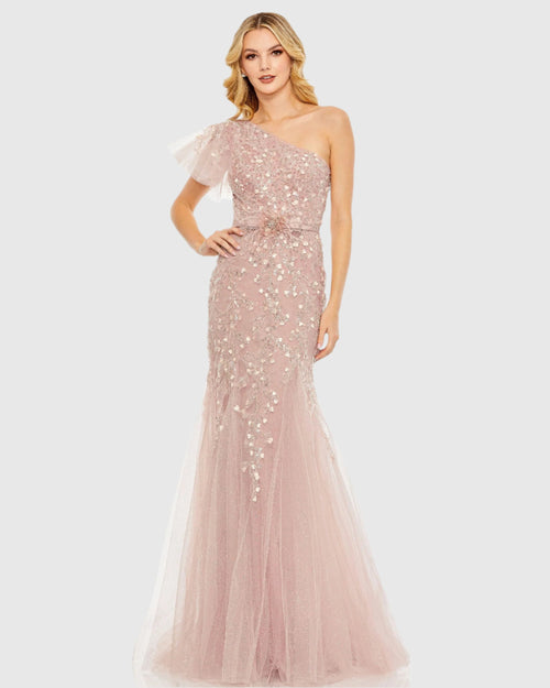 Embellished One Shoulder Cap Sleeve Gown 