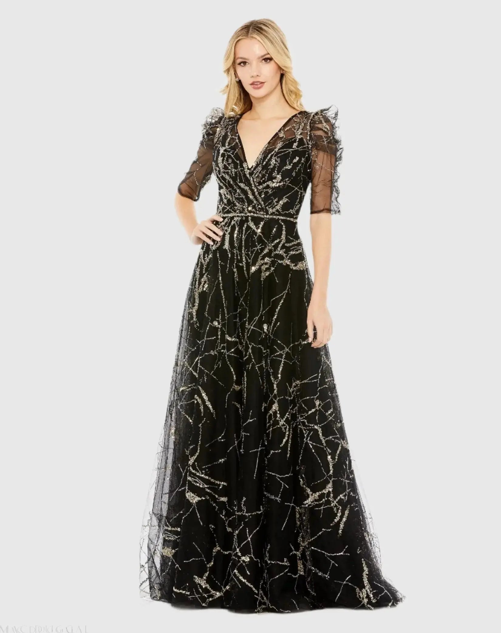 Black Embellished Gathered Puff Sleeve Faux Wrap Gown - Mac Duggal
