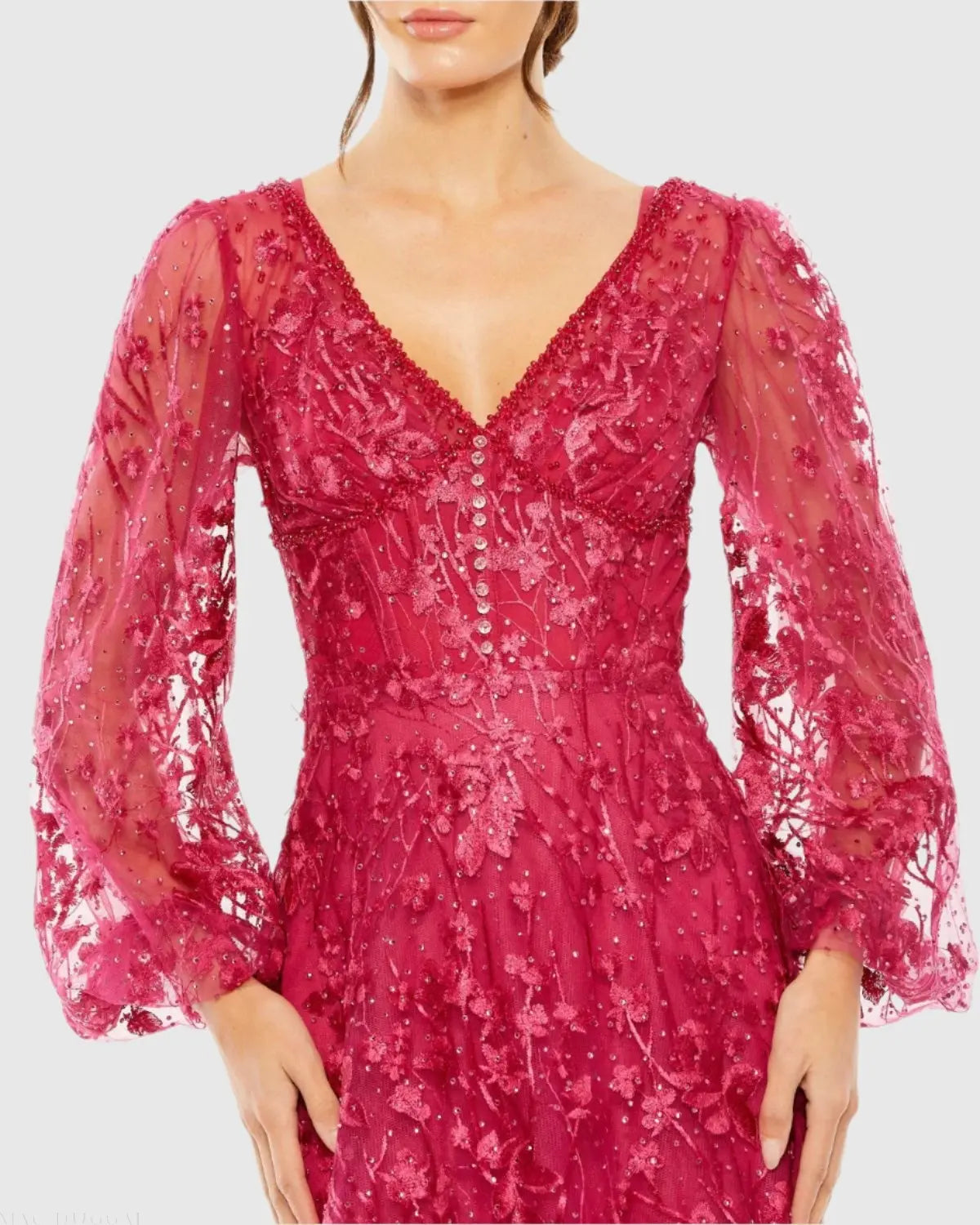 Pink Puff Sleeve A-Line Embroidered Gown - Mac Duggal