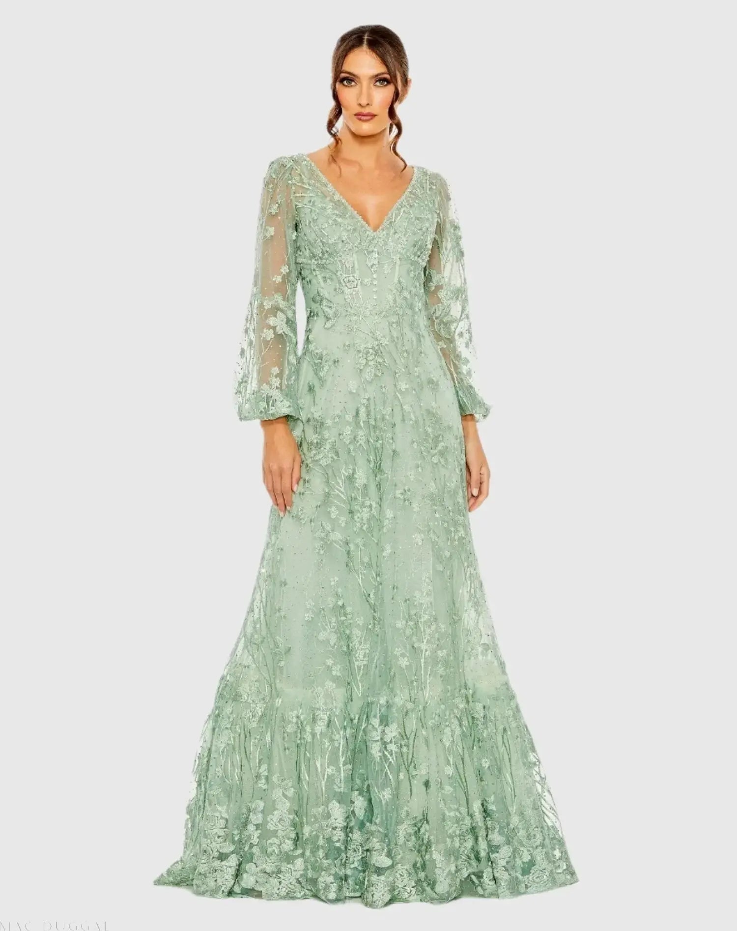 Green Puff Sleeve A-Line Embroidered Gown - Mac Duggal