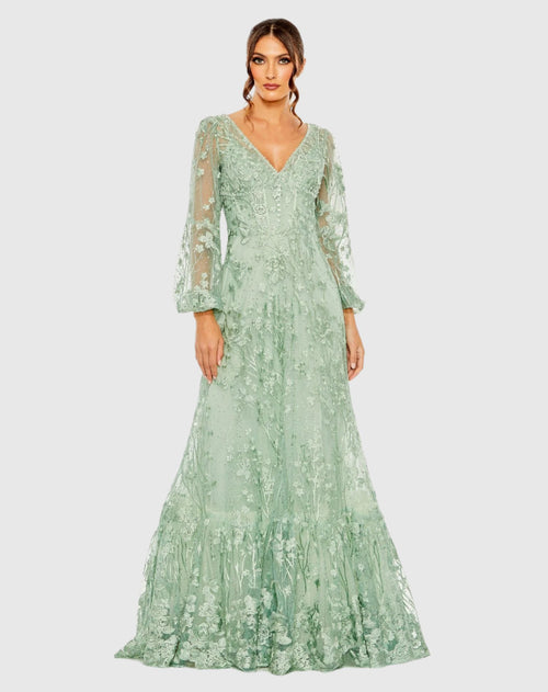 Green Puff Sleeve A-Line Embroidered Gown