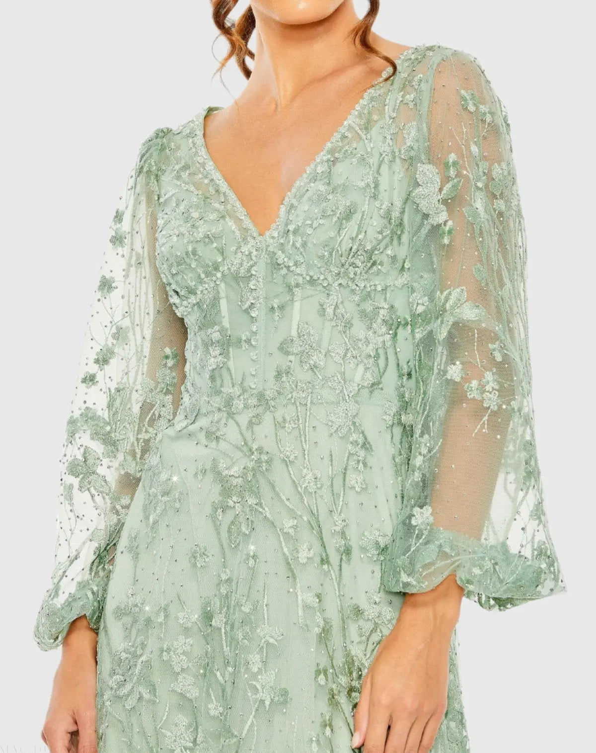 Mac Duggal - Green Puff Sleeve A-Line Embroidered Gown - US 8 Mac Duggal - Green Puff Sleeve A-Line Embroidered Gown - US 8