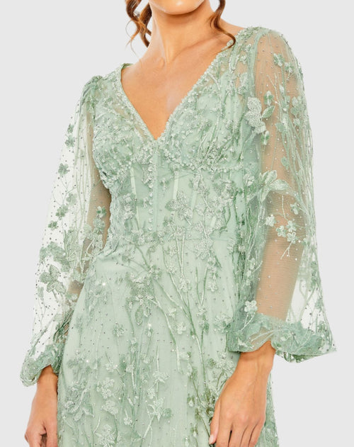 Green Puff Sleeve A-Line Embroidered Gown