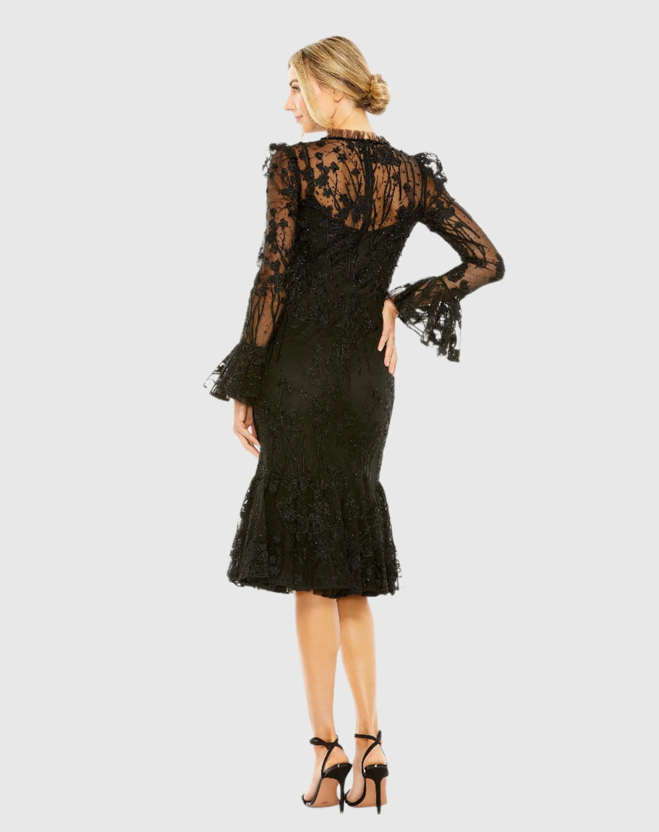 Black Ruffle Wrist Embellished High Neck Midi Dress - Mac Duggal