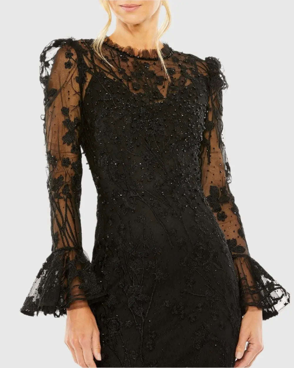 Black Ruffle Wrist Embellished High Neck Midi Dress - Mac Duggal