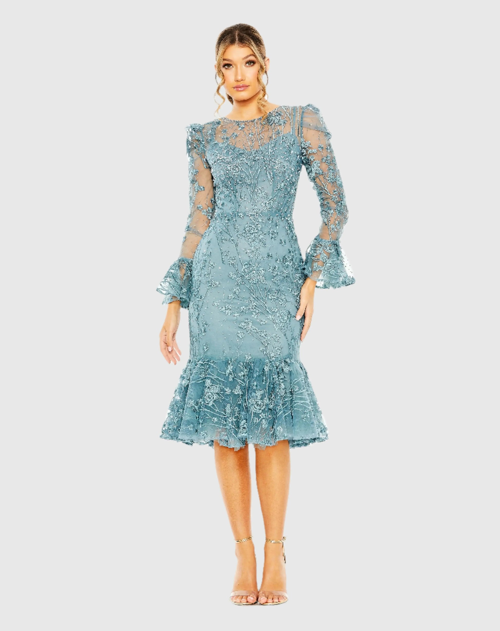 Blue Ruffle Wrist Embellished High Neck Midi Dress - Mac Duggal