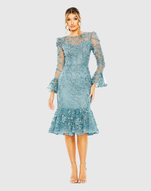 Blue Ruffle Wrist Embellished High Neck Midi Dress - Mac Duggal