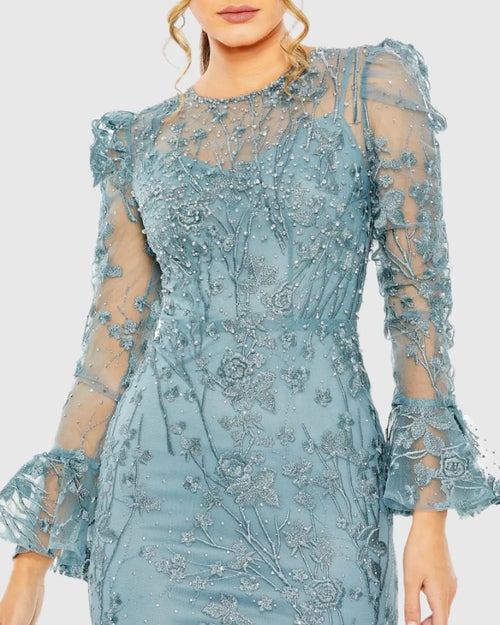 Blue Ruffle Wrist Embellished High Neck Midi Dress - Mac Duggal