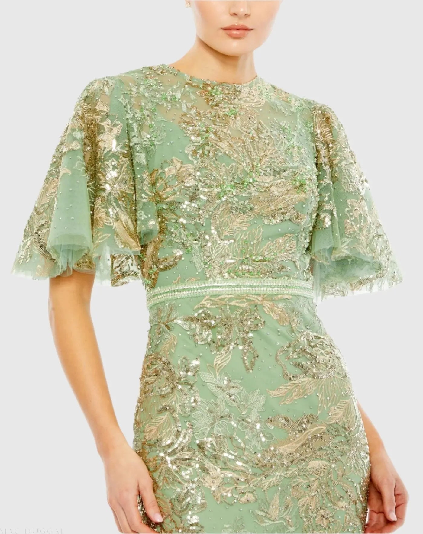 Green Embellished Flutter Sleeve High Neck Gown - Mac Duggal
