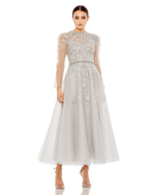 Embellished Gathered Long Sleeve A Line Gown