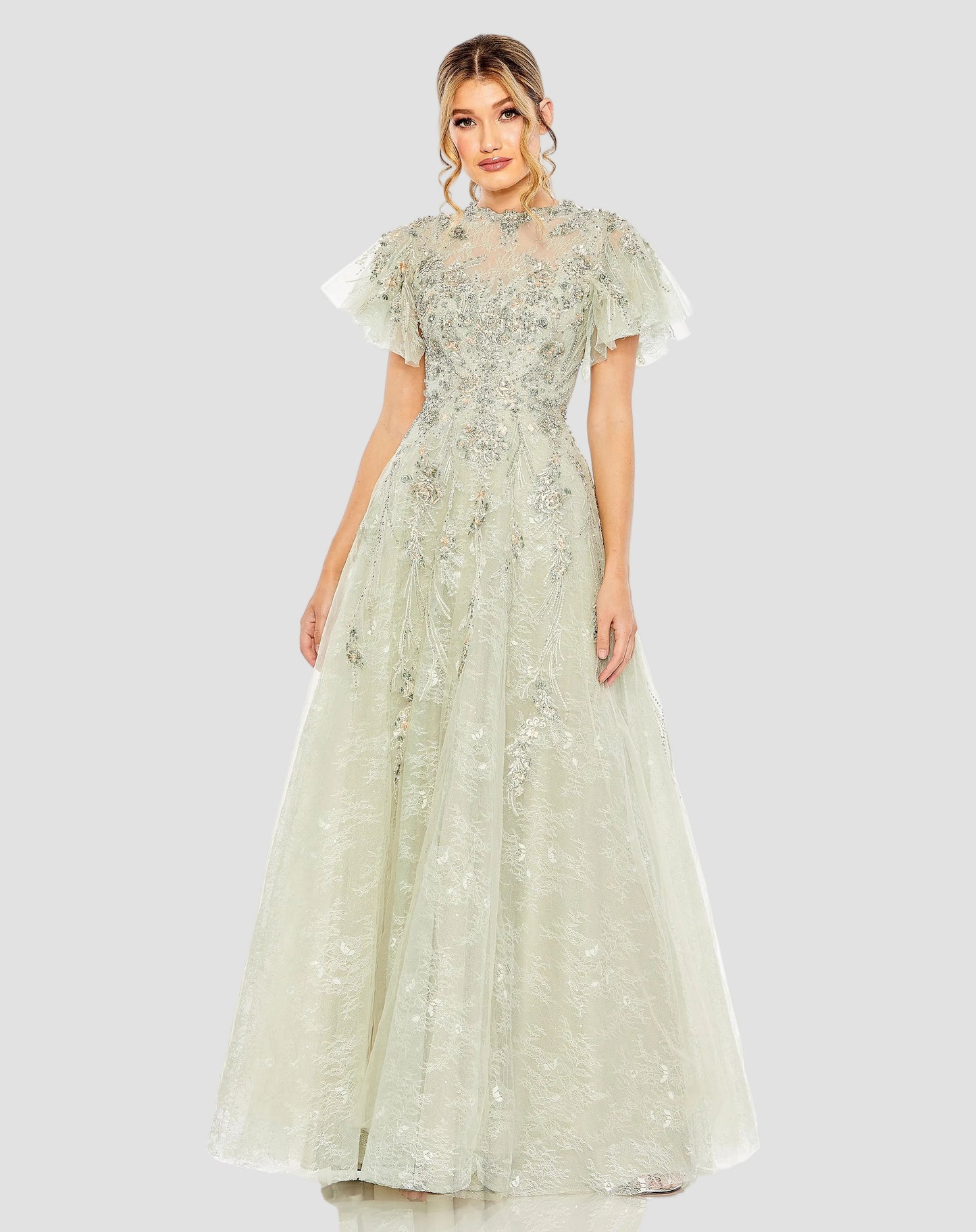 Green Embroidered Tulle Flutter Sleeve A-line Gown - Mac Duggal