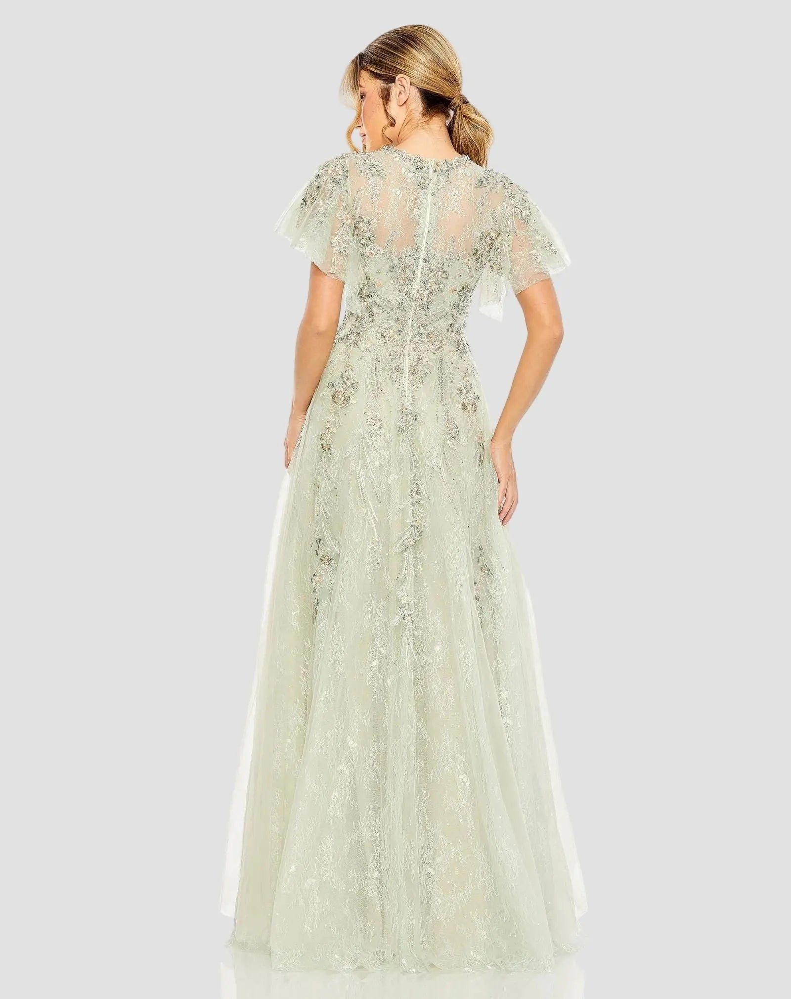 Green Embroidered Tulle Flutter Sleeve A-line Gown - Mac Duggal