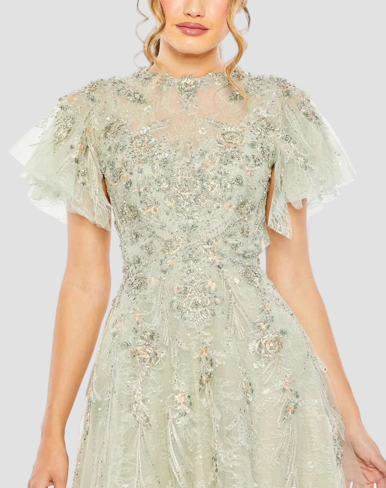 Green Embroidered Tulle Flutter Sleeve A-line Gown - Mac Duggal