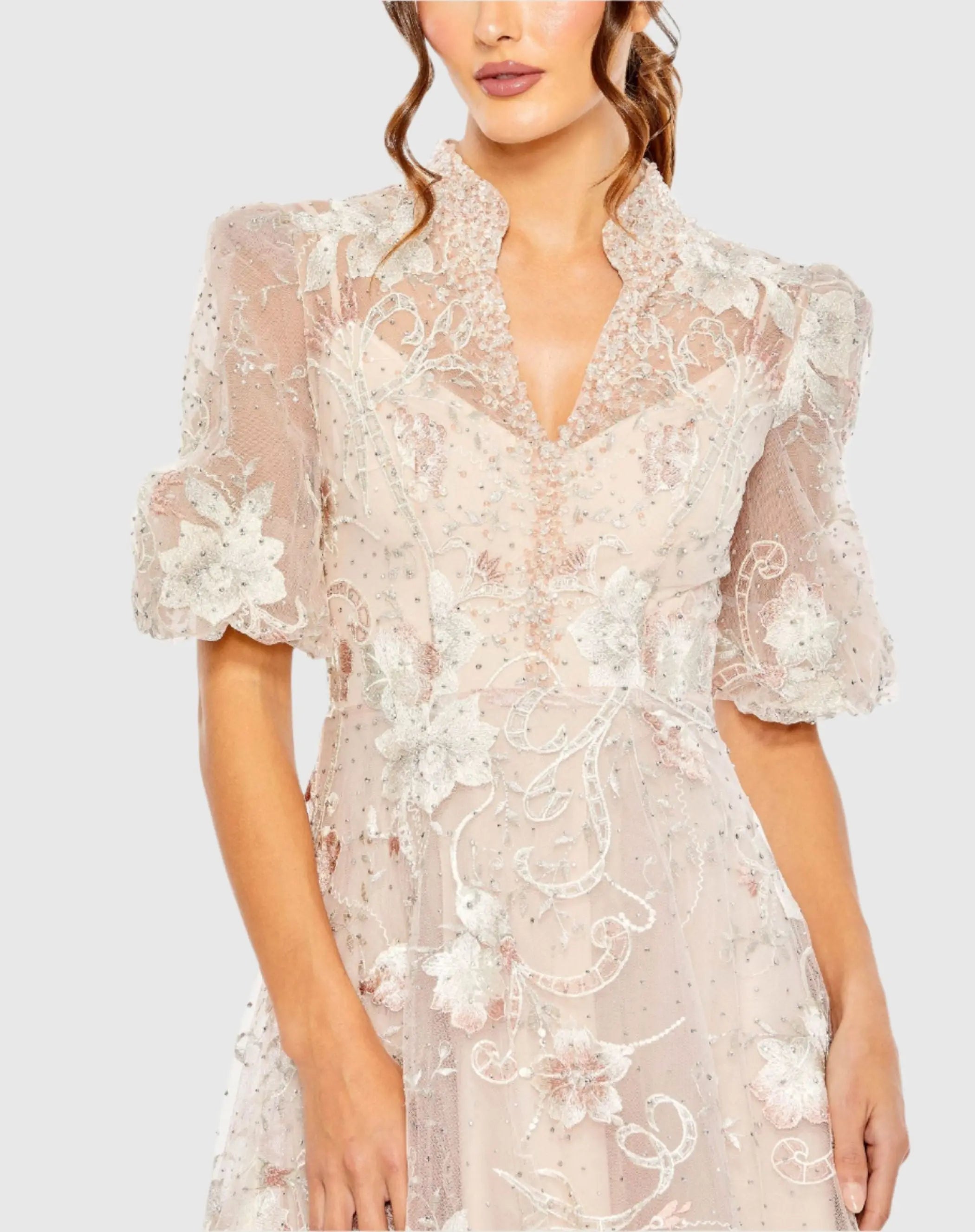 Pink Queen Anne Puff Sleeve A-Line Gown - Mac Duggal