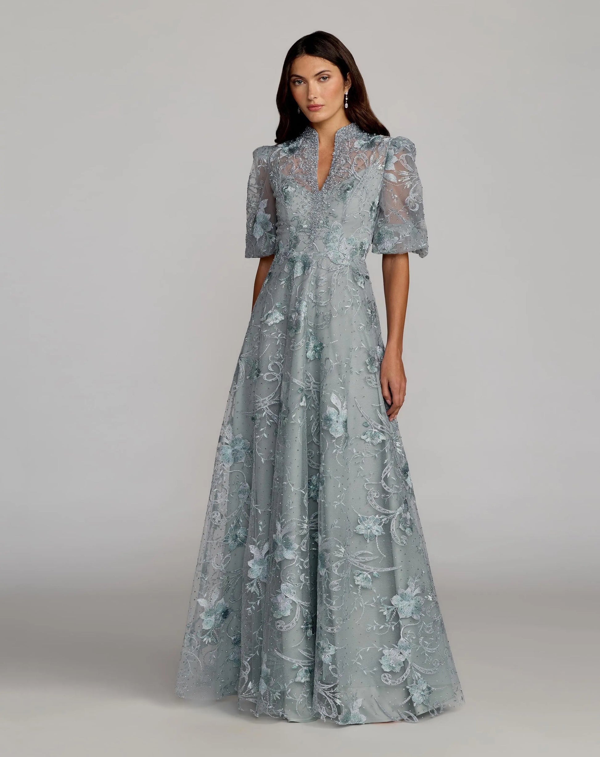 Blue Queen Anne Puff Sleeve Embroidered A-Line Gown - Mac Duggal