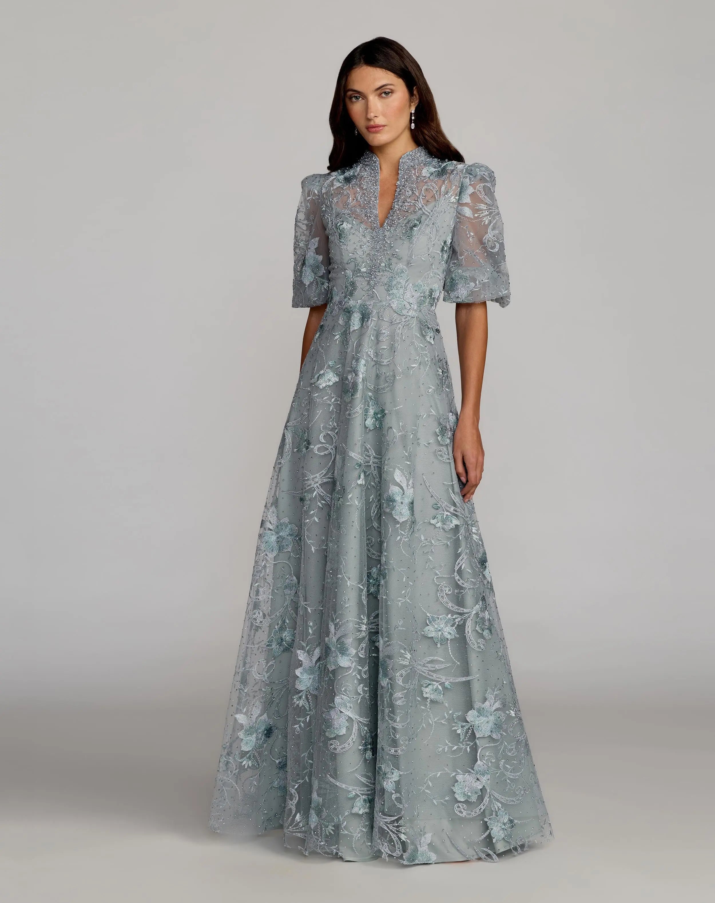Blue Queen Anne Puff Sleeve Embroidered A-Line Gown - Mac Duggal