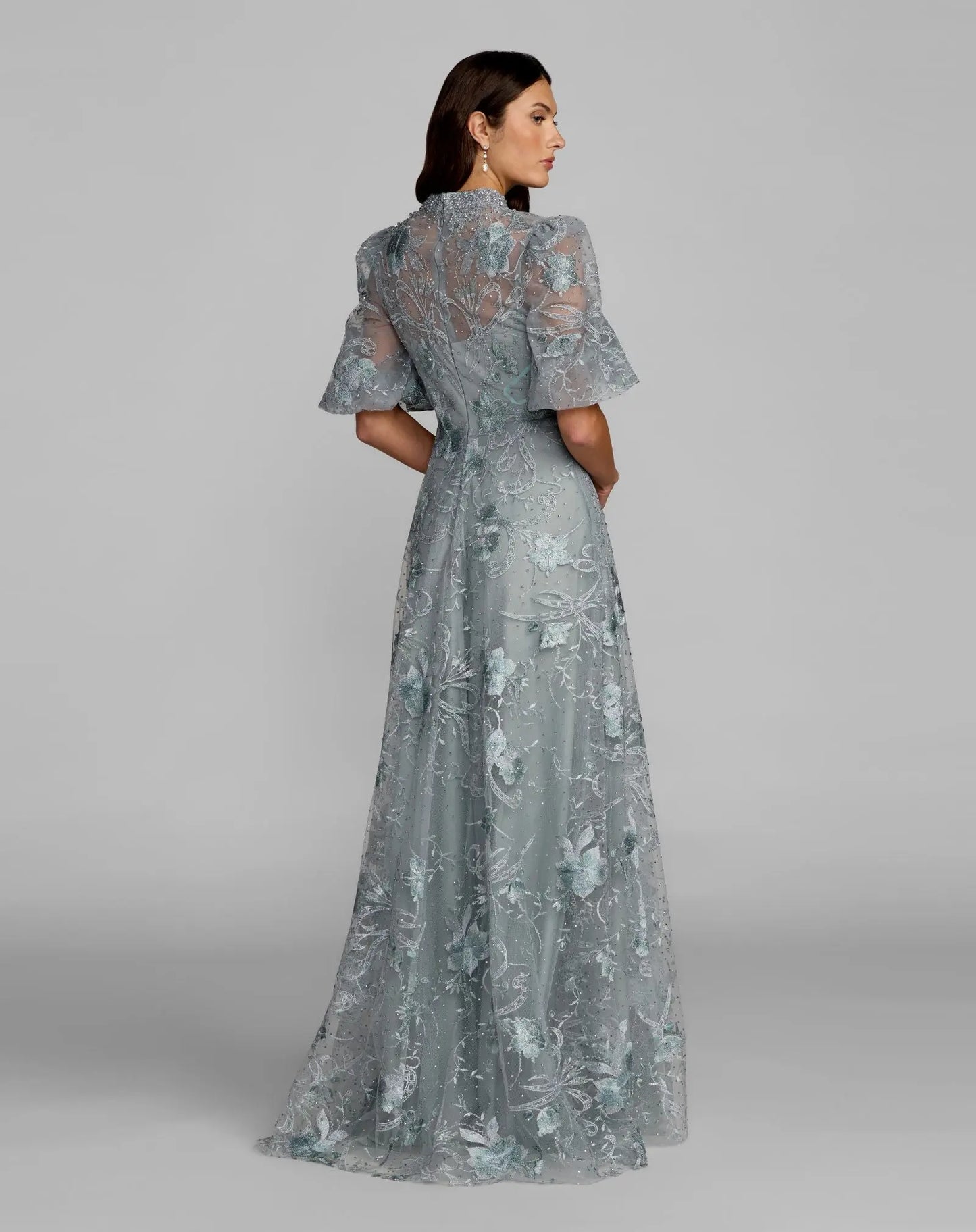 Blue Queen Anne Puff Sleeve Embroidered A-Line Gown - Mac Duggal