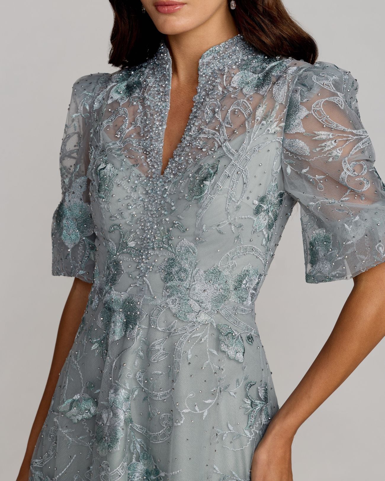 Blue Queen Anne Puff Sleeve Embroidered A-Line Gown - Mac Duggal