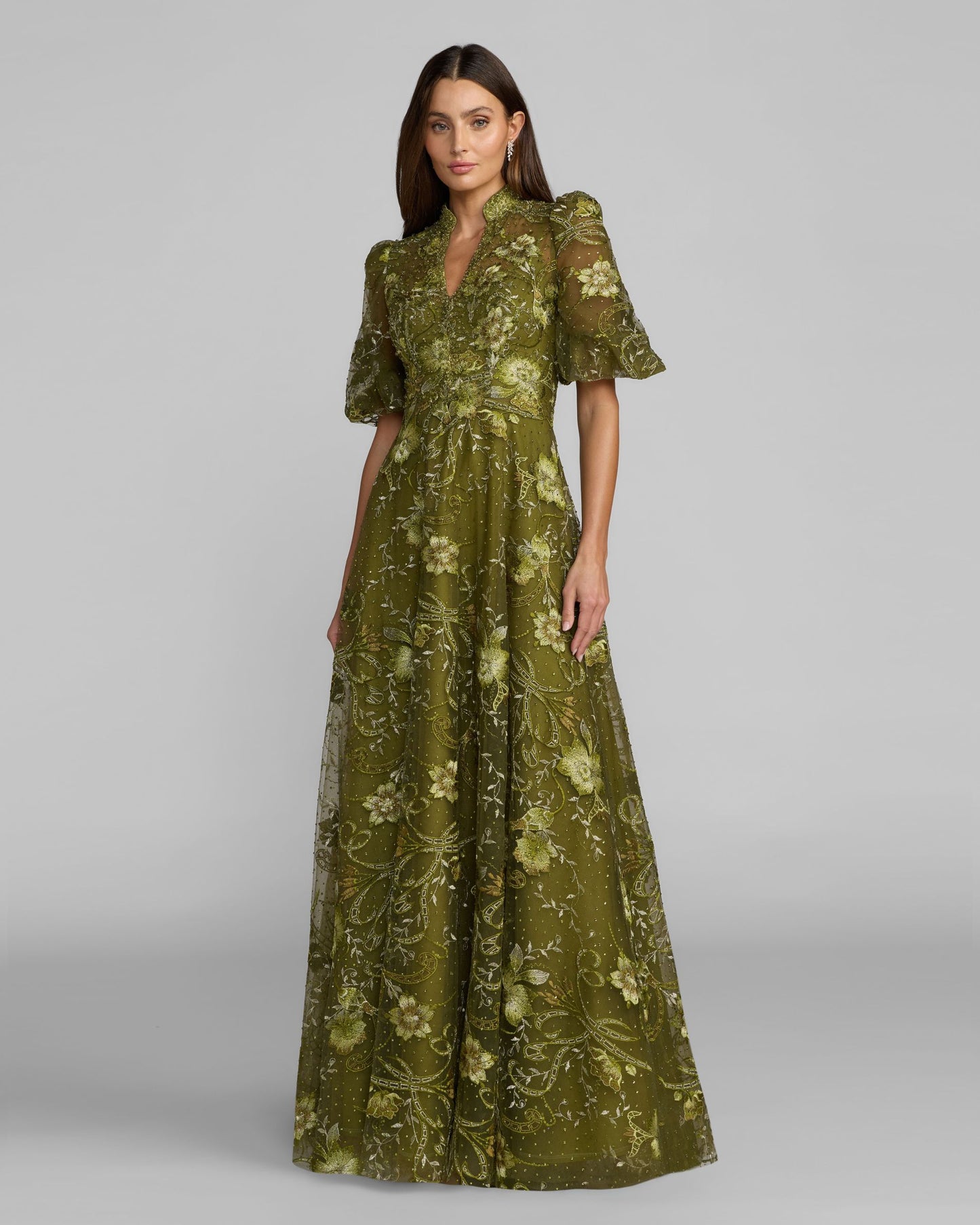 Green Queen Anne Puff Sleeve Embroidered A-Line Gown Mac Duggal