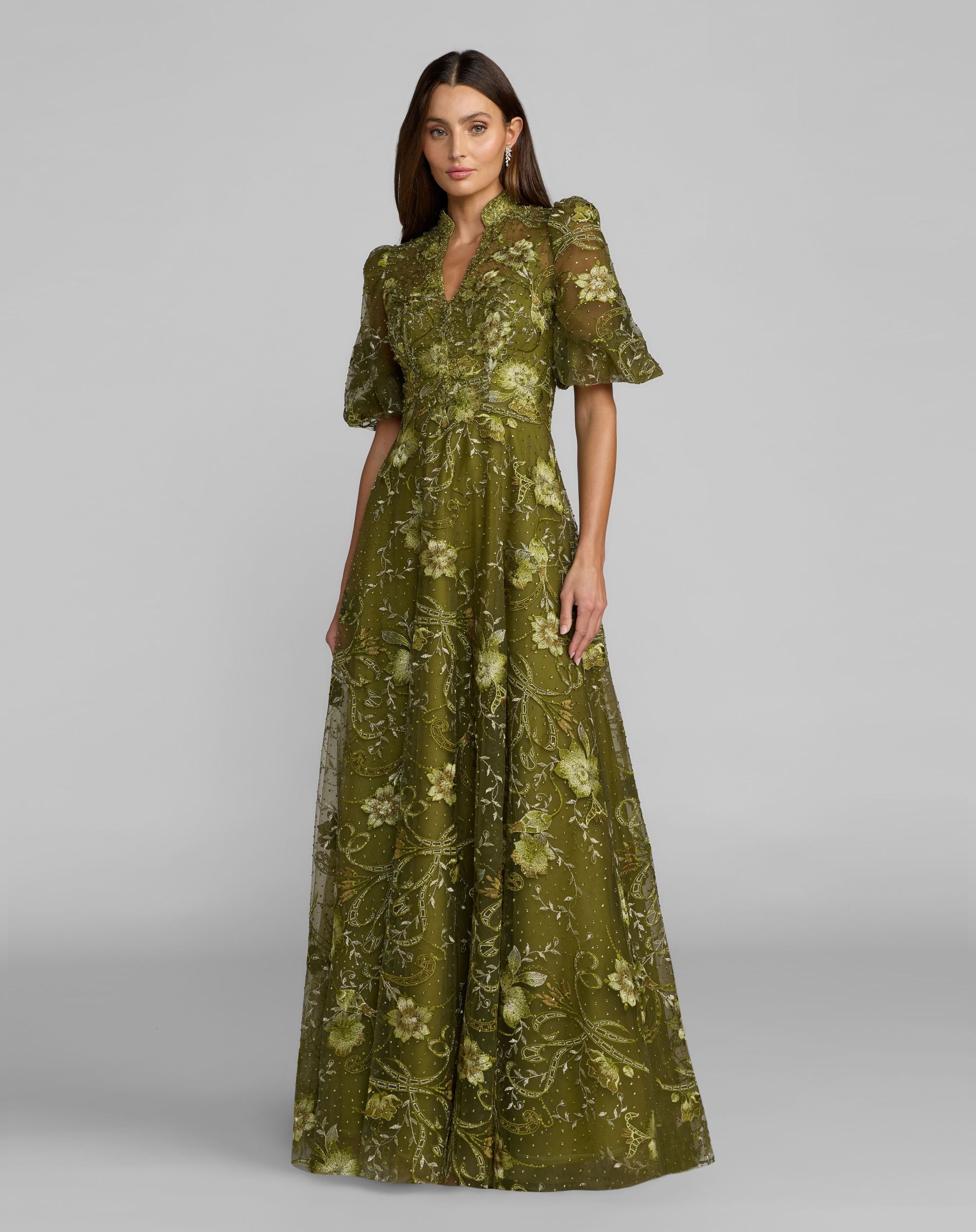 Green Queen Anne Puff Sleeve Embroidered A-Line Gown - Mac Duggal