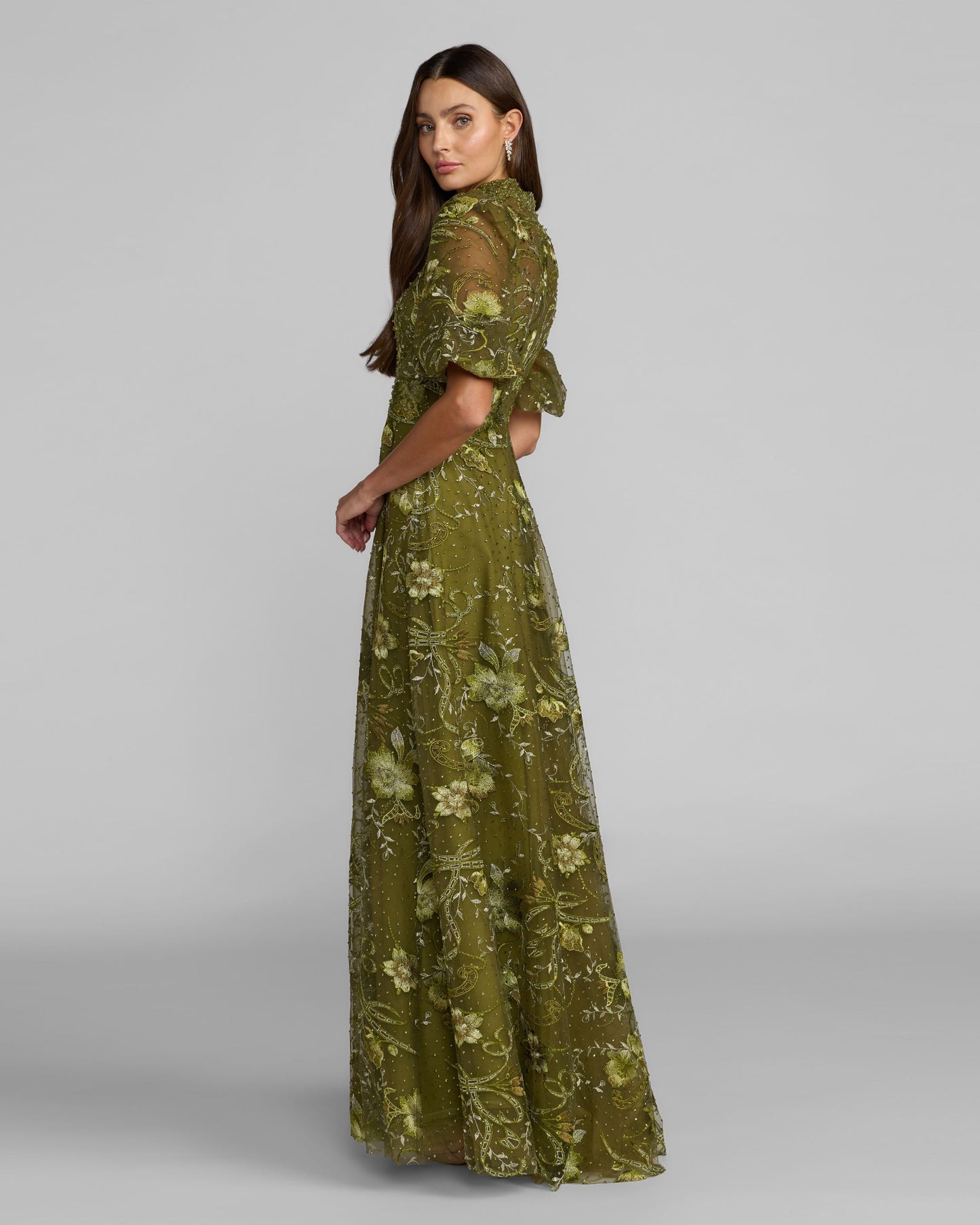 Green Queen Anne Puff Sleeve Embroidered A-Line Gown Mac Duggal