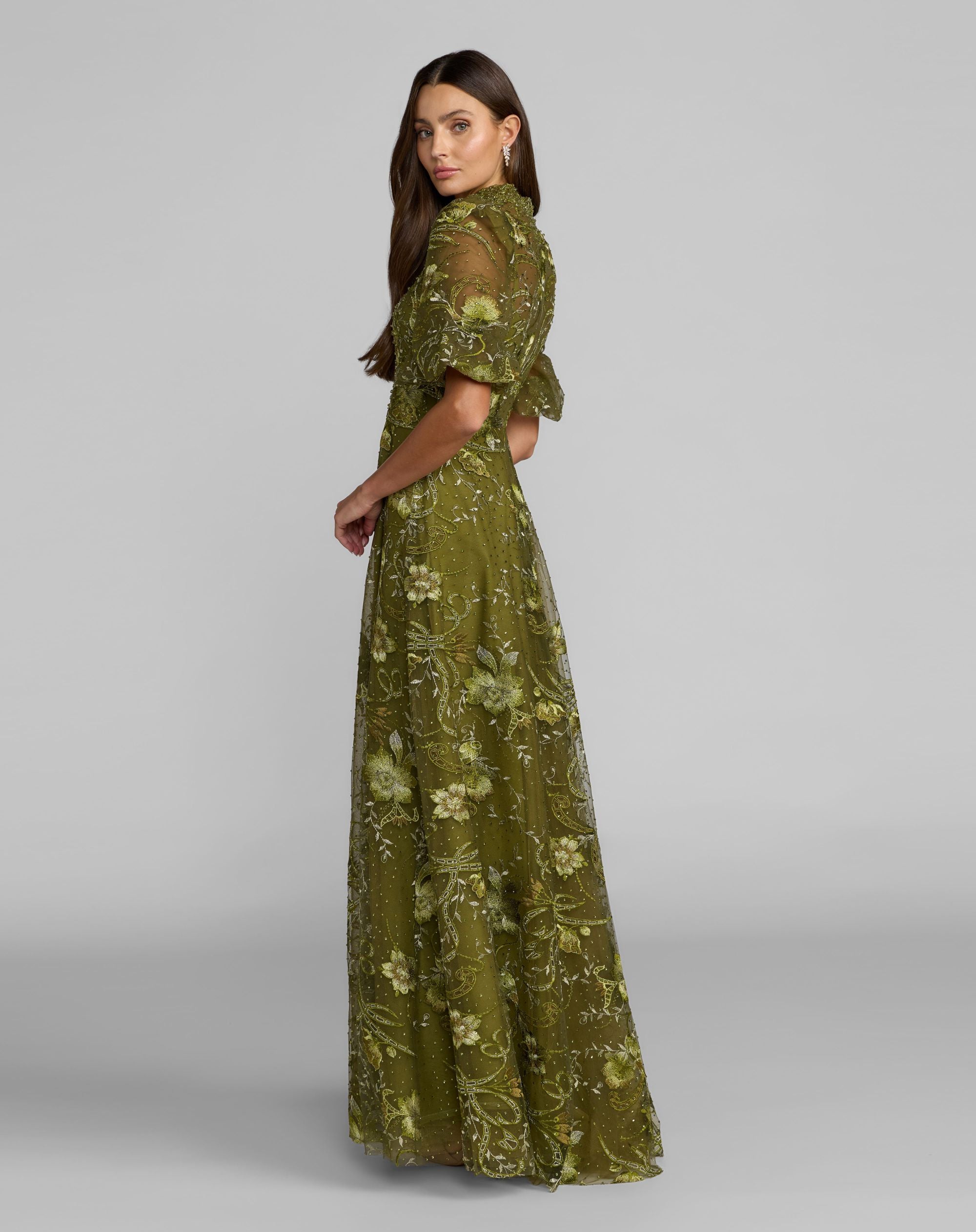 Green Queen Anne Puff Sleeve Embroidered A-Line Gown - Mac Duggal