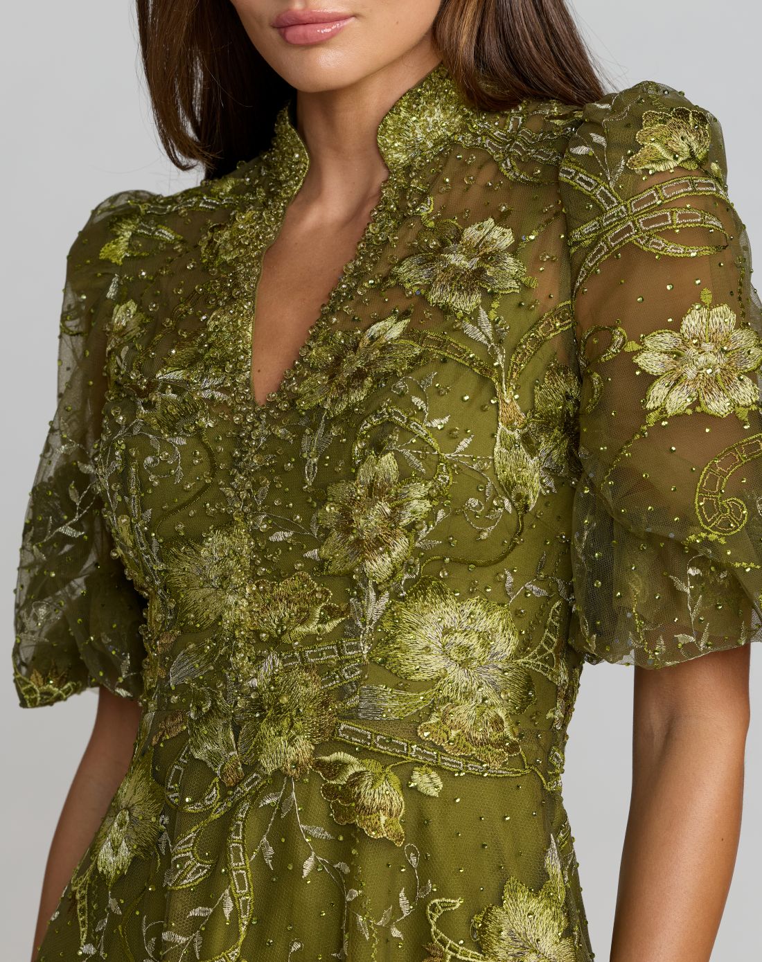 Green Queen Anne Puff Sleeve Embroidered A-Line Gown - Mac Duggal