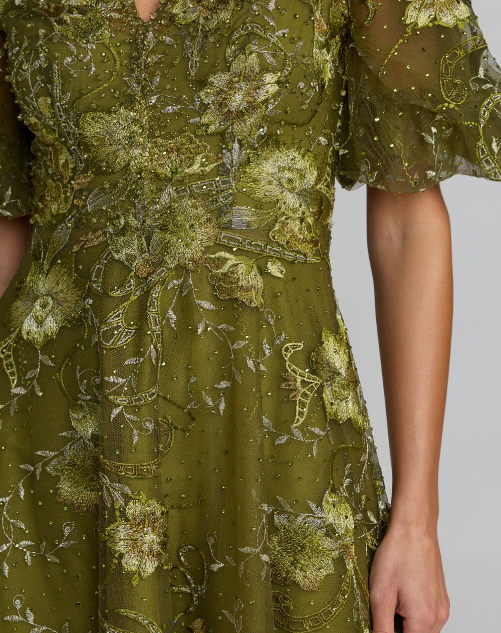 Green Queen Anne Puff Sleeve Embroidered A-Line Gown - Mac Duggal