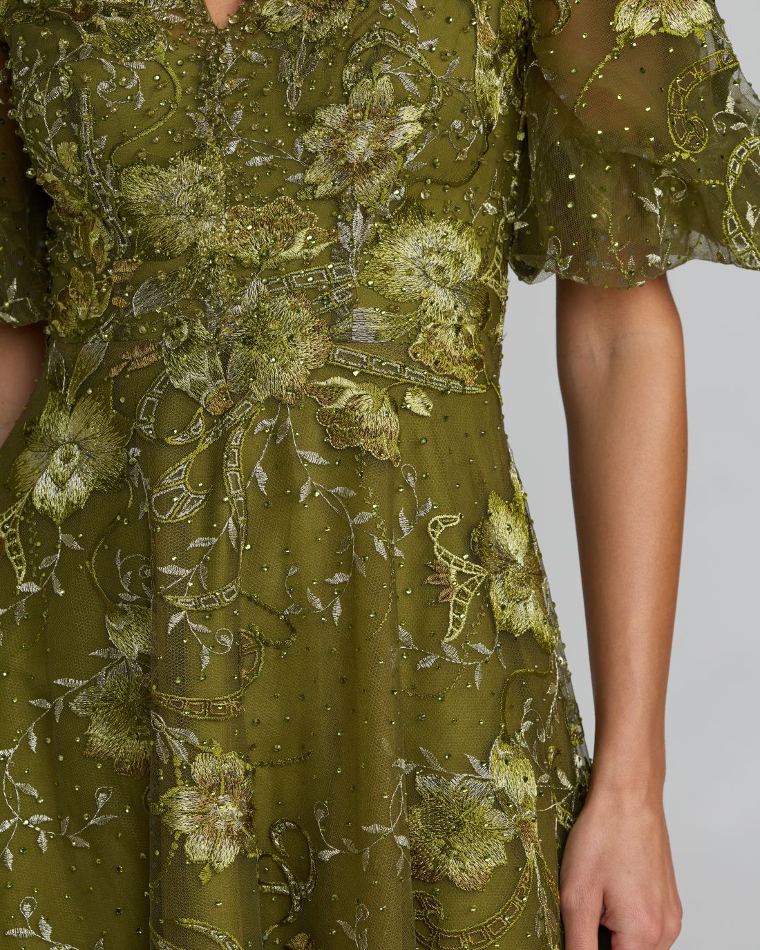Green Queen Anne Puff Sleeve Embroidered A-Line Gown Mac Duggal
