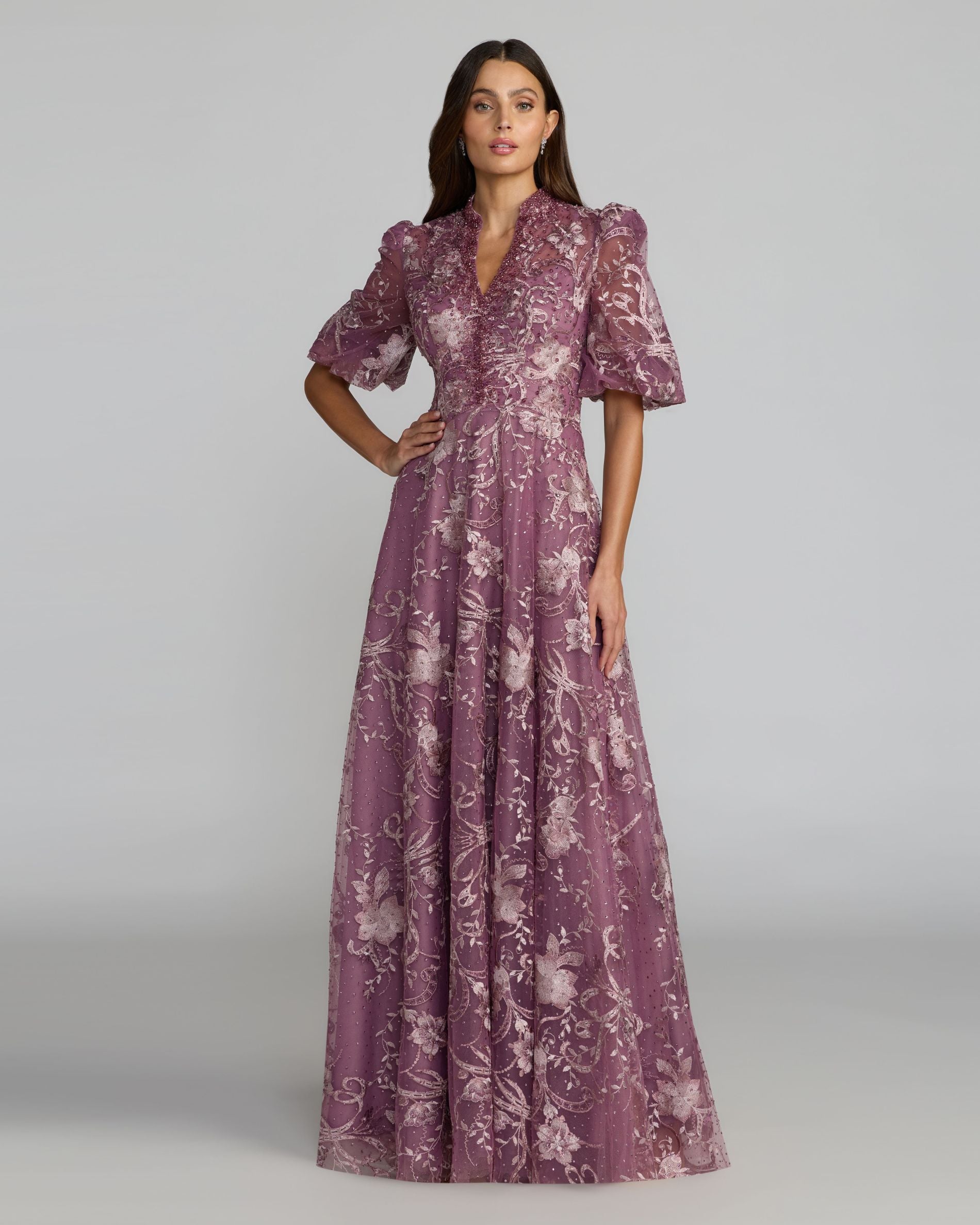 Purple Queen Anne Puff Sleeve Embroidered A-Line Gown
