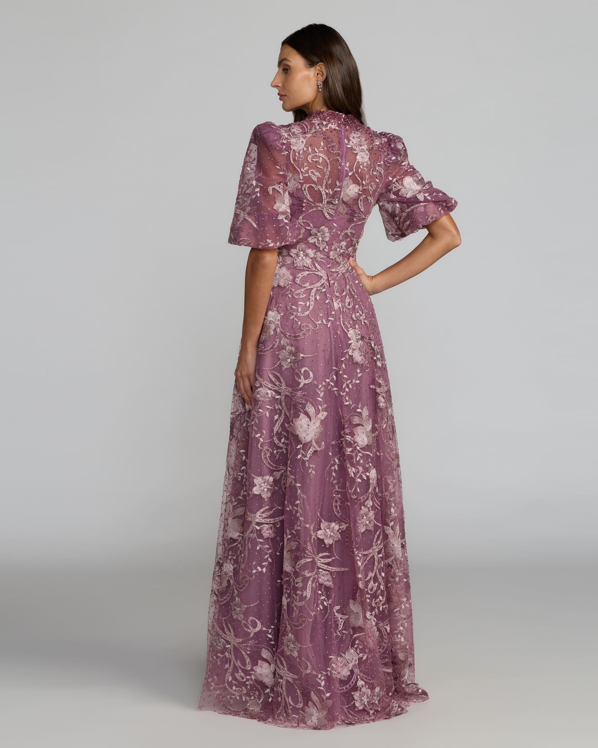 Purple Queen Anne Puff Sleeve Embroidered A-Line Gown Mac Duggal