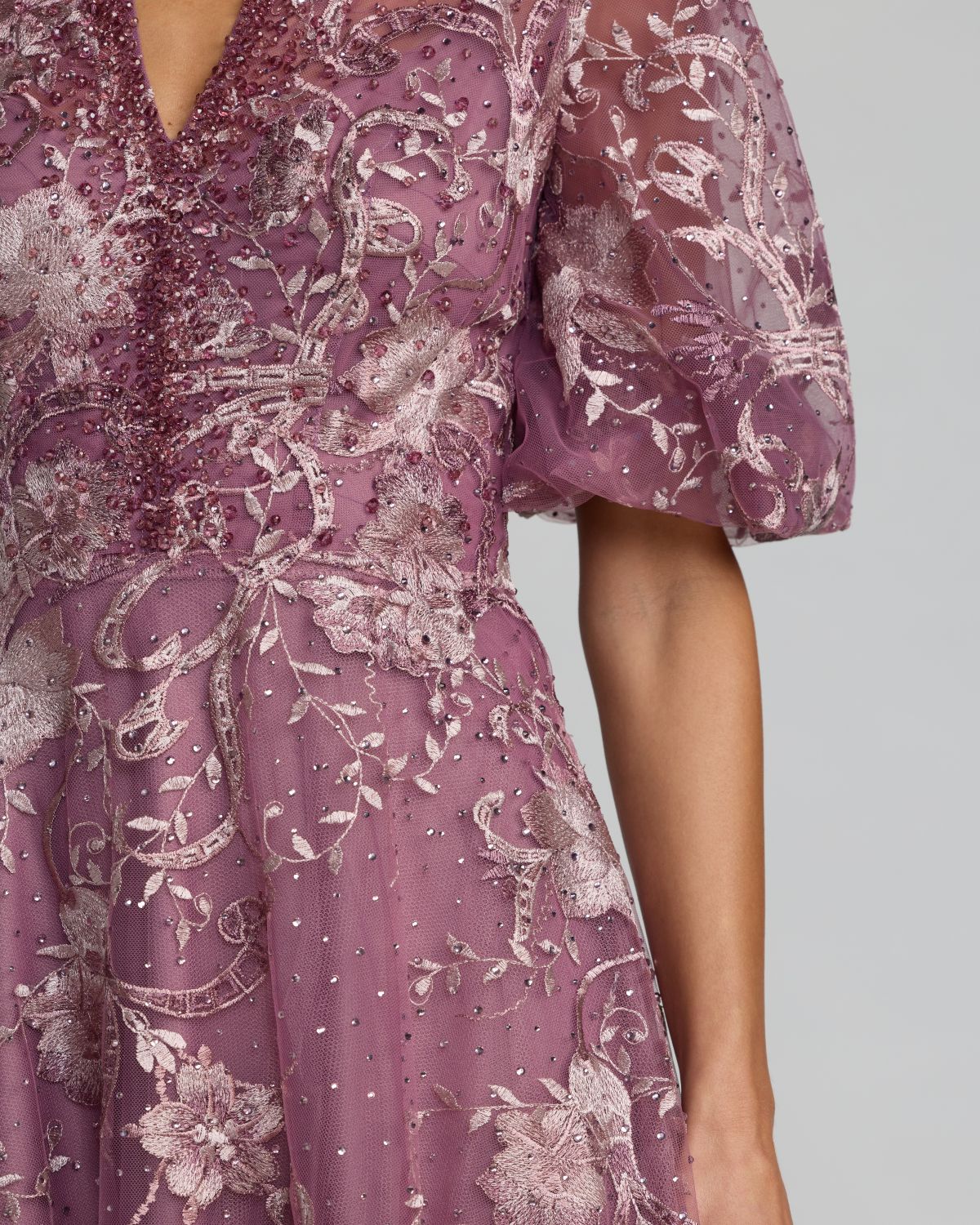 Purple Queen Anne Puff Sleeve Embroidered A-Line Gown | Mac Duggal