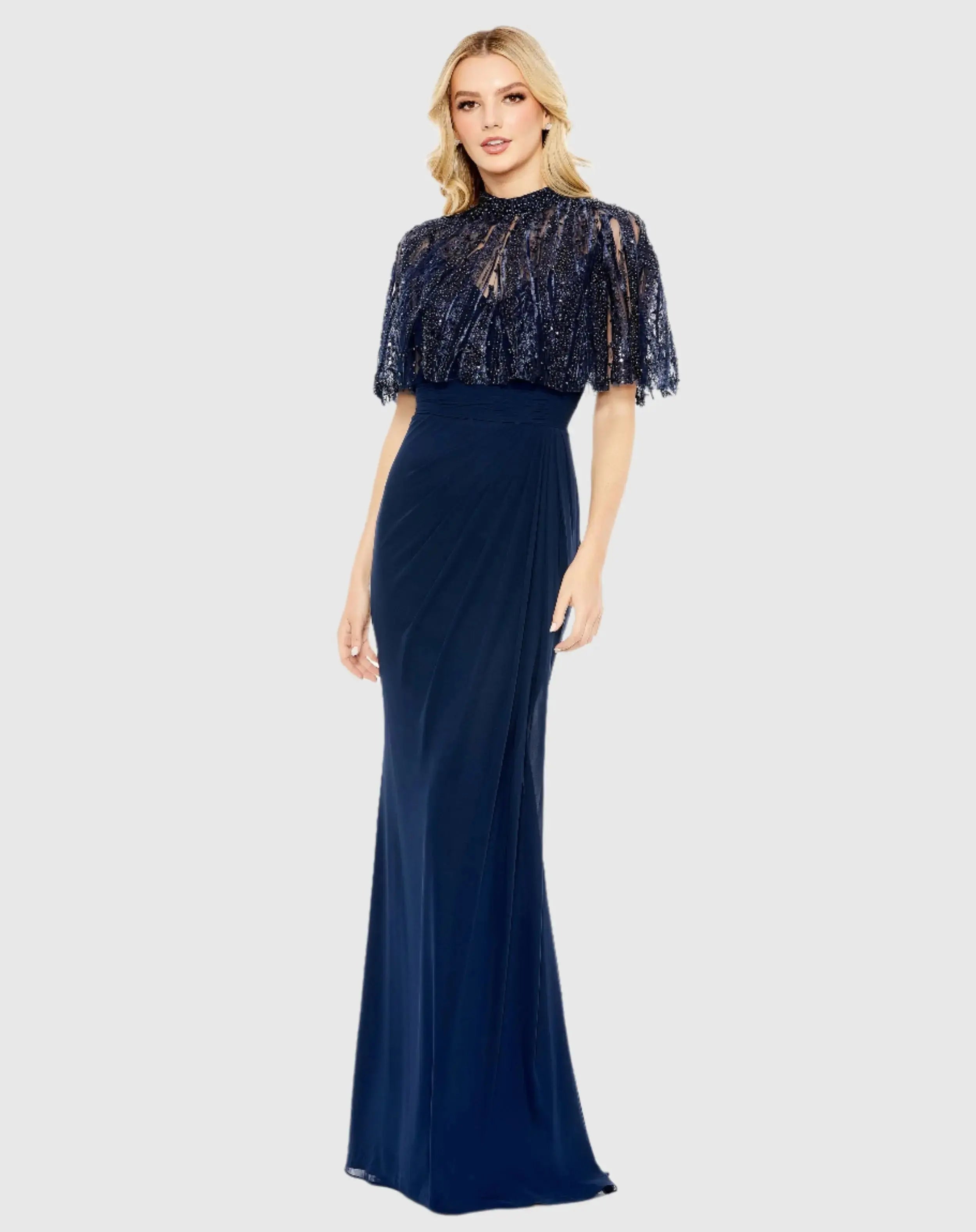 Navy Sleeveless Gown With Embellished Cape - Mac Duggal
